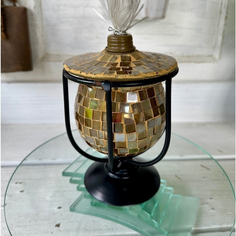 GOLD MOSAIC LANTERN, NWOT, CRADLED IN A BLACK METAL BASE. SCREW-ON TOP.